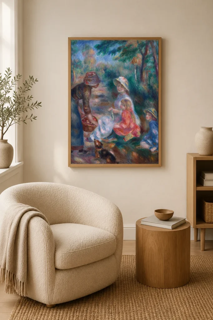 Framed print of The Apple Seller hanging on a wall in a furnished room