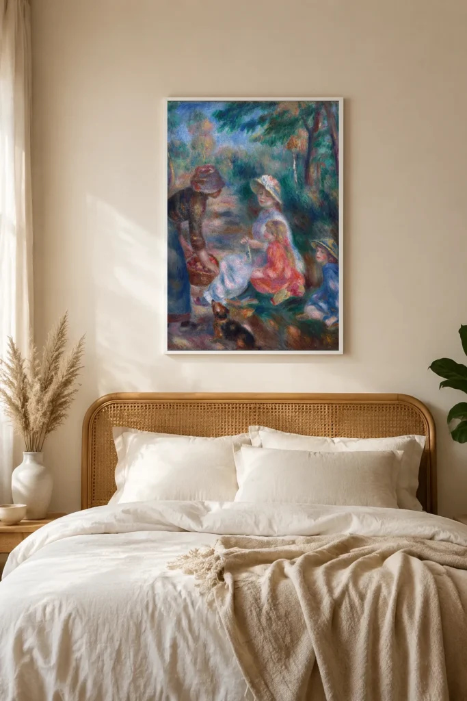 Framed print of The Apple Seller hanging on a wall in a furnished room