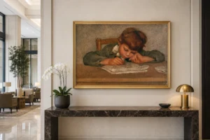 Framed print of The Artist’s Son, Jean, Drawing hanging on a wall in a furnished room