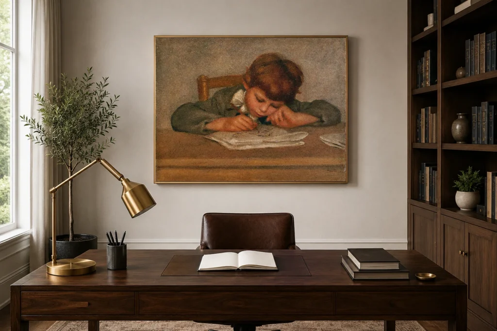 Framed print of The Artist’s Son, Jean, Drawing hanging on a wall in a furnished room