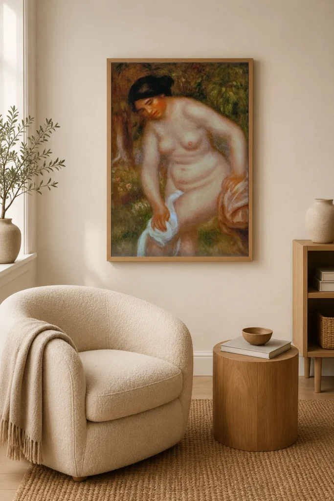 Framed print of Bather Drying Herself hanging on a wall in a furnished room