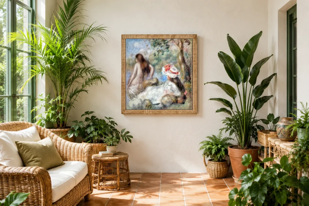 Framed print of The Bathers hanging on a wall in a furnished room