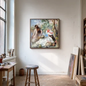 Framed print of The Bathers hanging on a wall in a furnished room