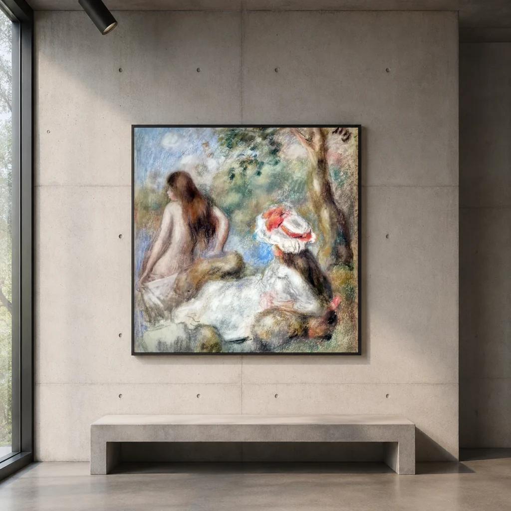 Framed print of The Bathers hanging on a wall in a furnished room