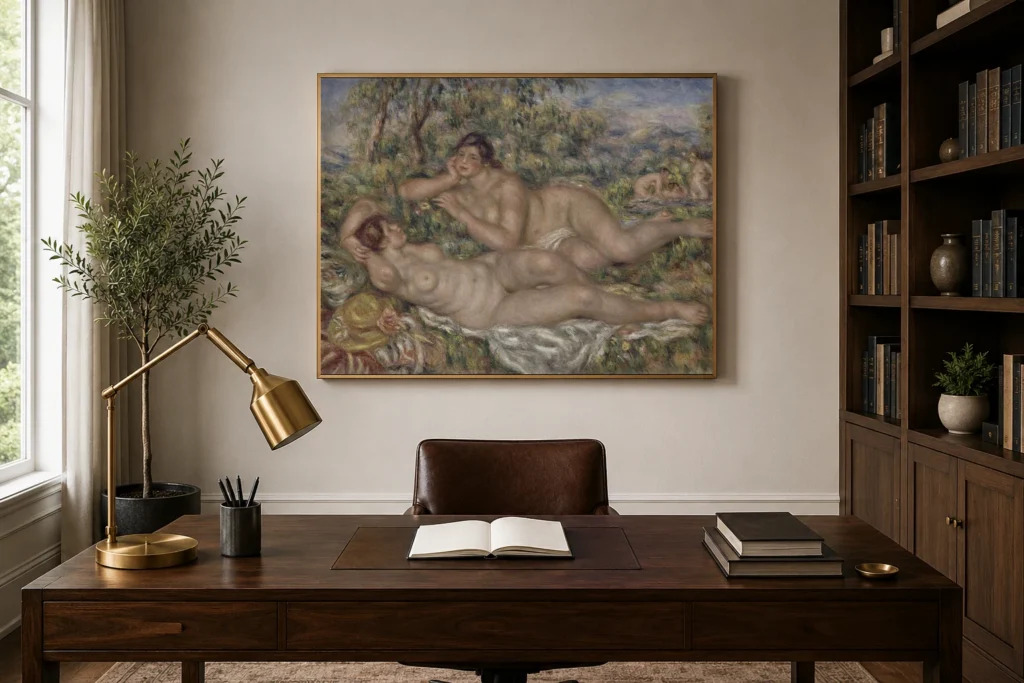 Framed print of The Bathers hanging on a wall in a furnished room