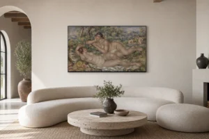 Framed print of The Bathers hanging on a wall in a furnished room