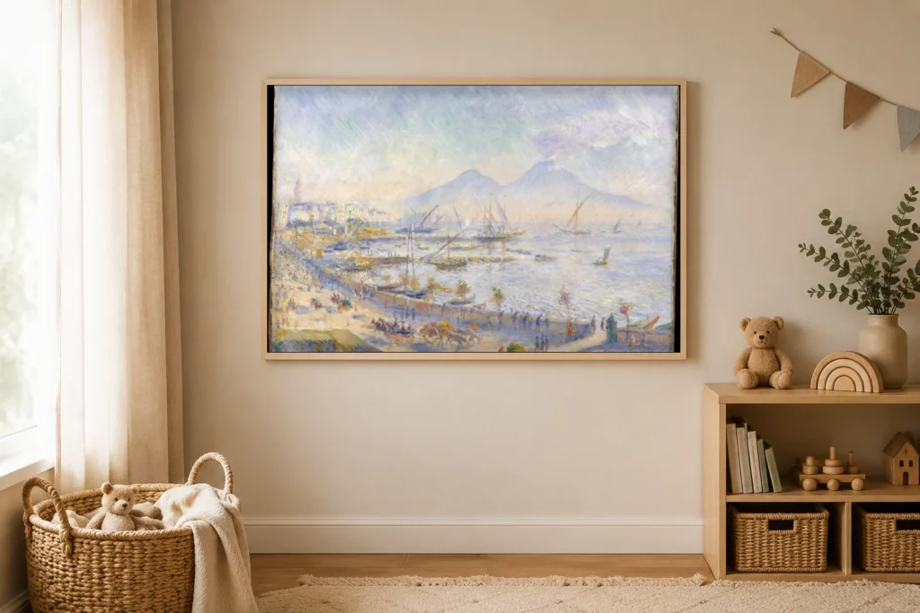 Framed print of The Bay of Naples hanging on a wall in a furnished room