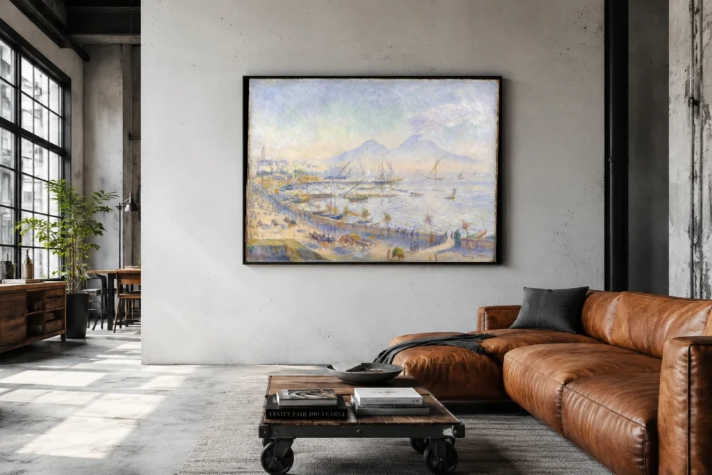 Framed print of The Bay of Naples hanging on a wall in a furnished room