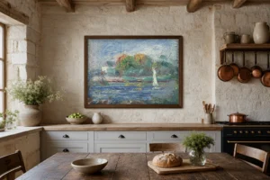 Framed print of The Blue River hanging on a wall in a furnished room
