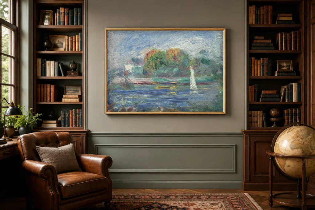 Framed print of The Blue River hanging on a wall in a furnished room