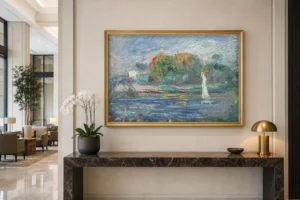 Framed print of The Blue River hanging on a wall in a furnished room