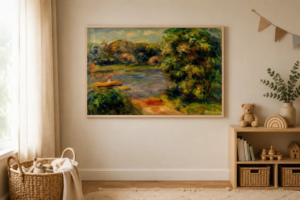 Framed print of The Boat on the Lake hanging on a wall in a furnished room