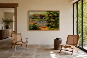Framed print of The Boat on the Lake hanging on a wall in a furnished room
