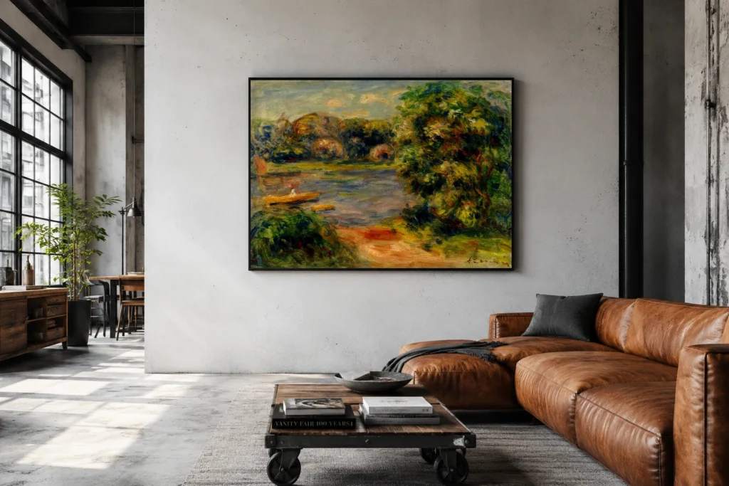 Framed print of The Boat on the Lake hanging on a wall in a furnished room