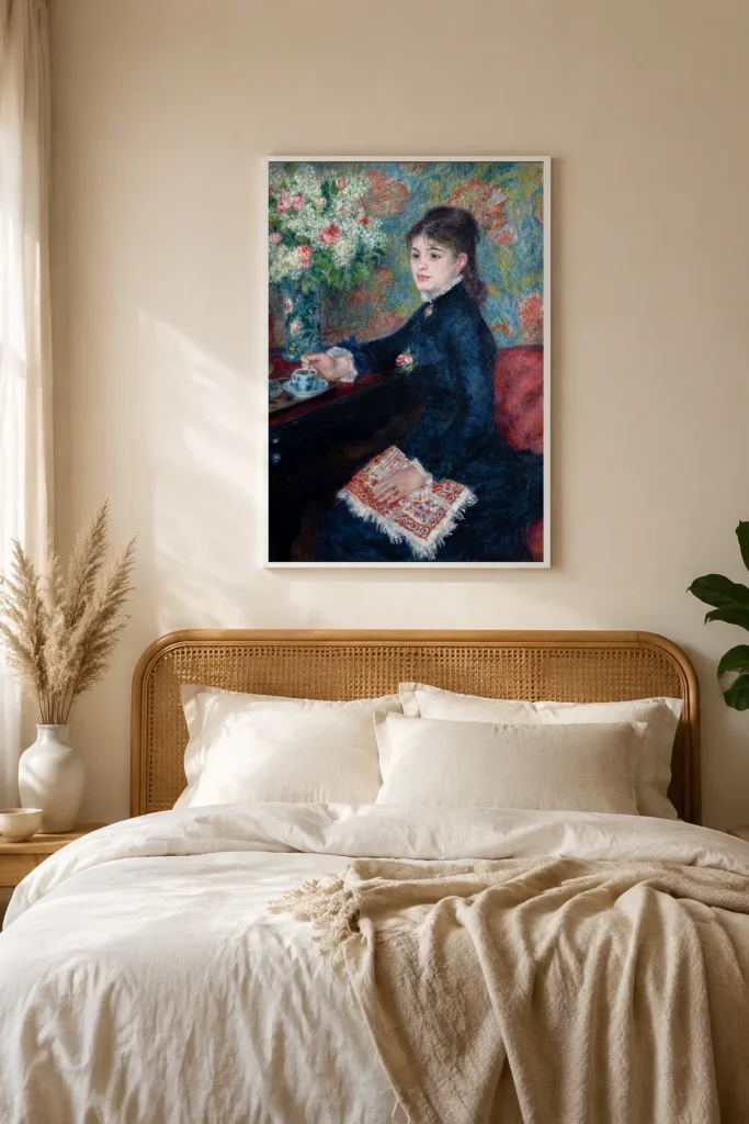 Framed print of The Cup of Chocolate hanging on a wall in a furnished room
