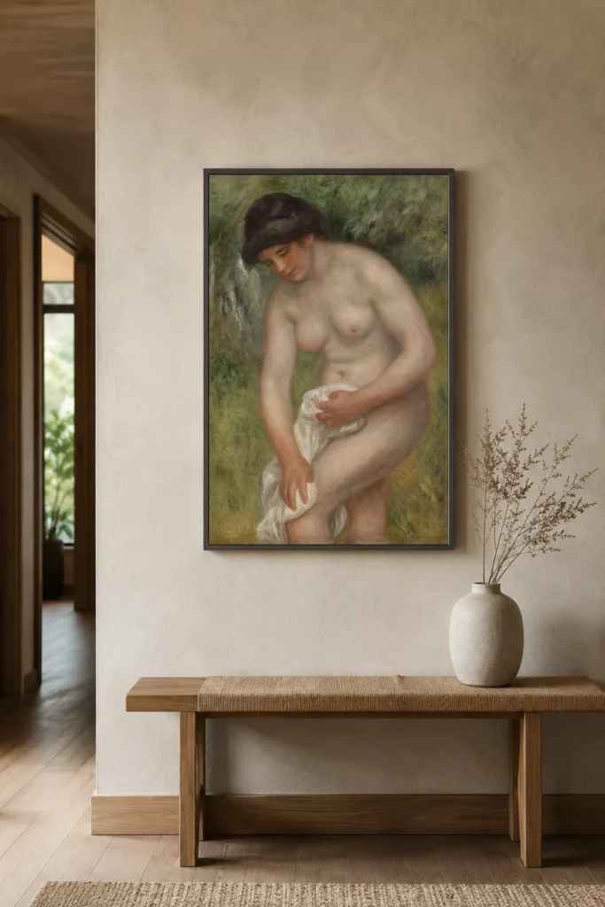 Framed print of Bather Drying Herself (Baigneuse s’essuyant) hanging on a wall in a furnished room