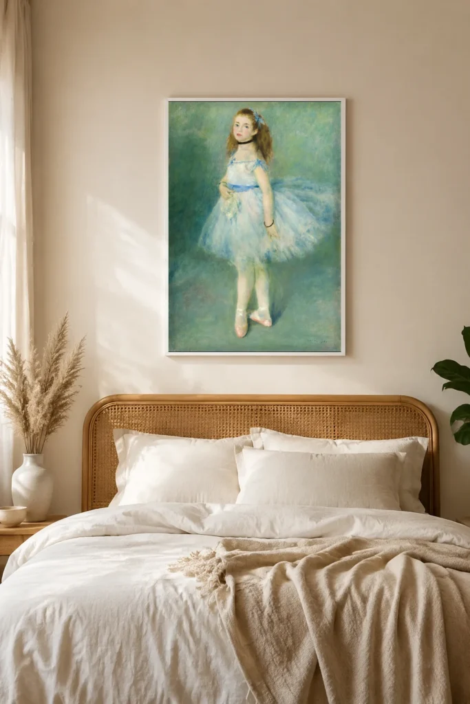 Framed print of The Dancer hanging on a wall in a furnished room