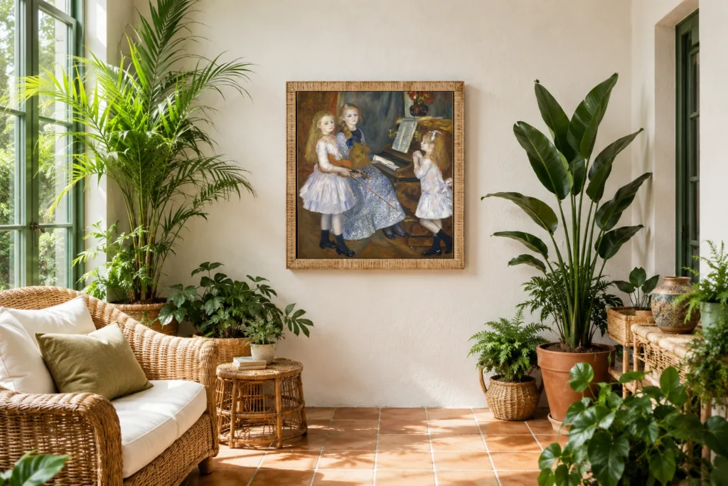 Framed print of The Daughters of Catulle Mendès hanging on a wall in a furnished room