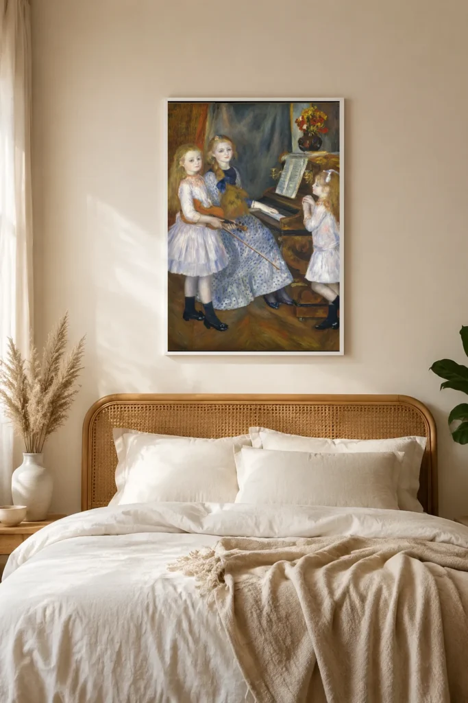 Framed print of The Daughters of Catulle Mendès hanging on a wall in a furnished room