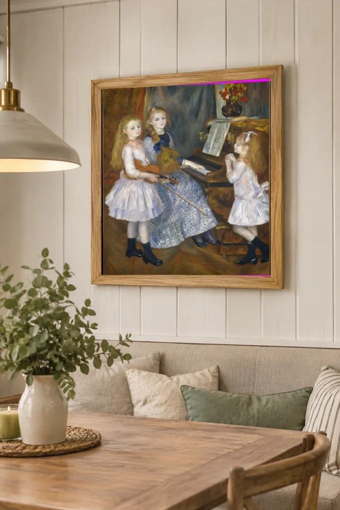 Framed print of The Daughters of Catulle Mendès hanging on a wall in a furnished room