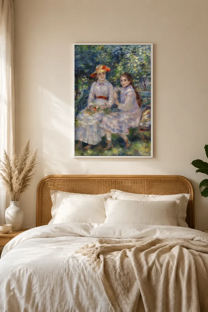 Framed print of The Daughters of Durand-Ruel hanging on a wall in a furnished room