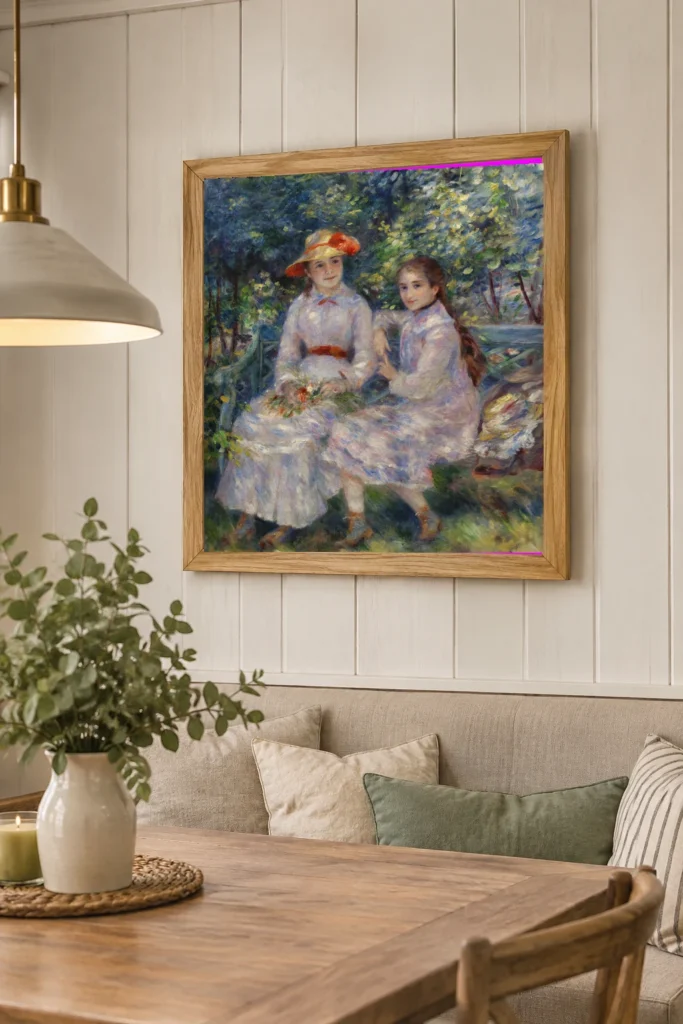 Framed print of The Daughters of Durand-Ruel hanging on a wall in a furnished room
