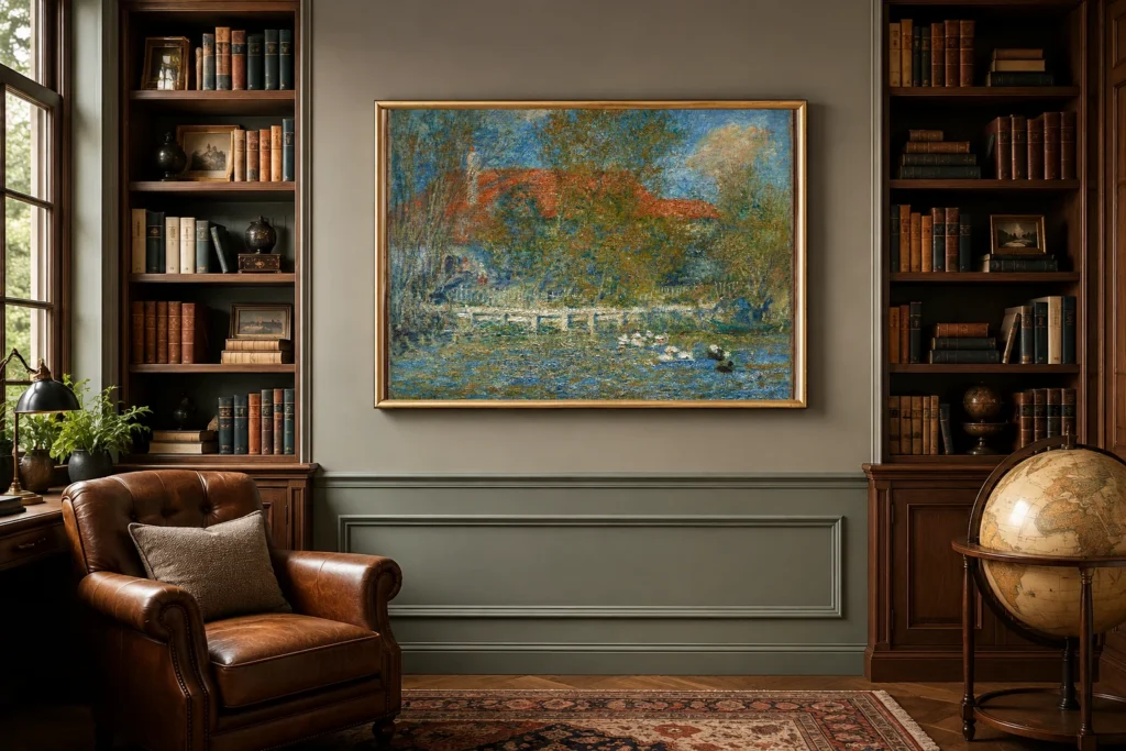 Framed print of The Duck Pond hanging on a wall in a furnished room
