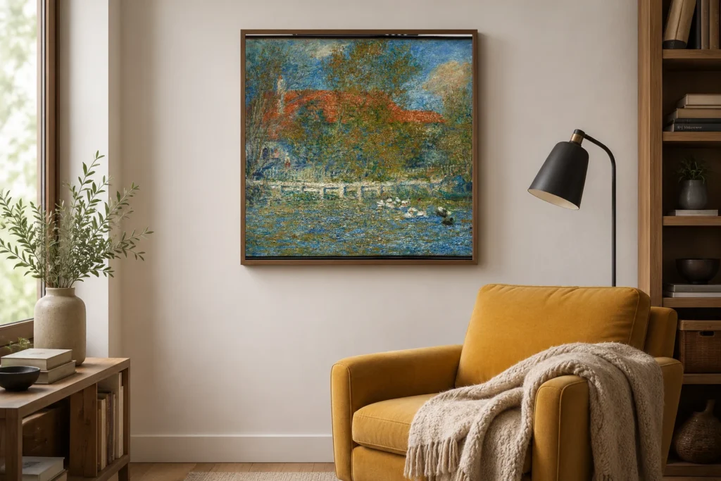 Framed print of The Duck Pond hanging on a wall in a furnished room