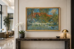 Framed print of The Duck Pond hanging on a wall in a furnished room