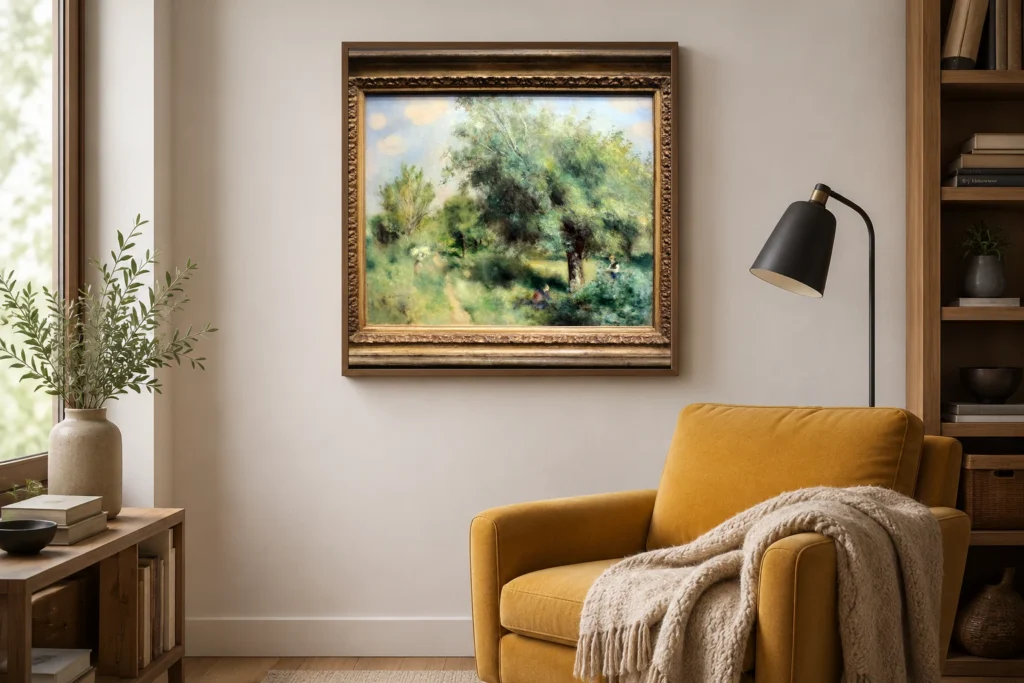 Framed print of The England pear hanging on a wall in a furnished room