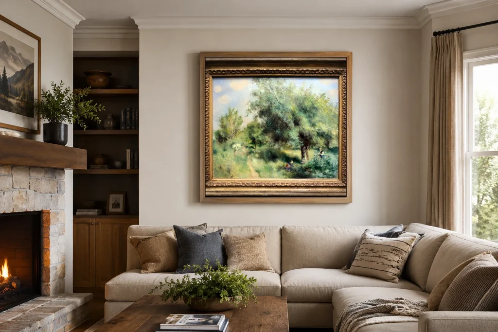 Framed print of The England pear hanging on a wall in a furnished room