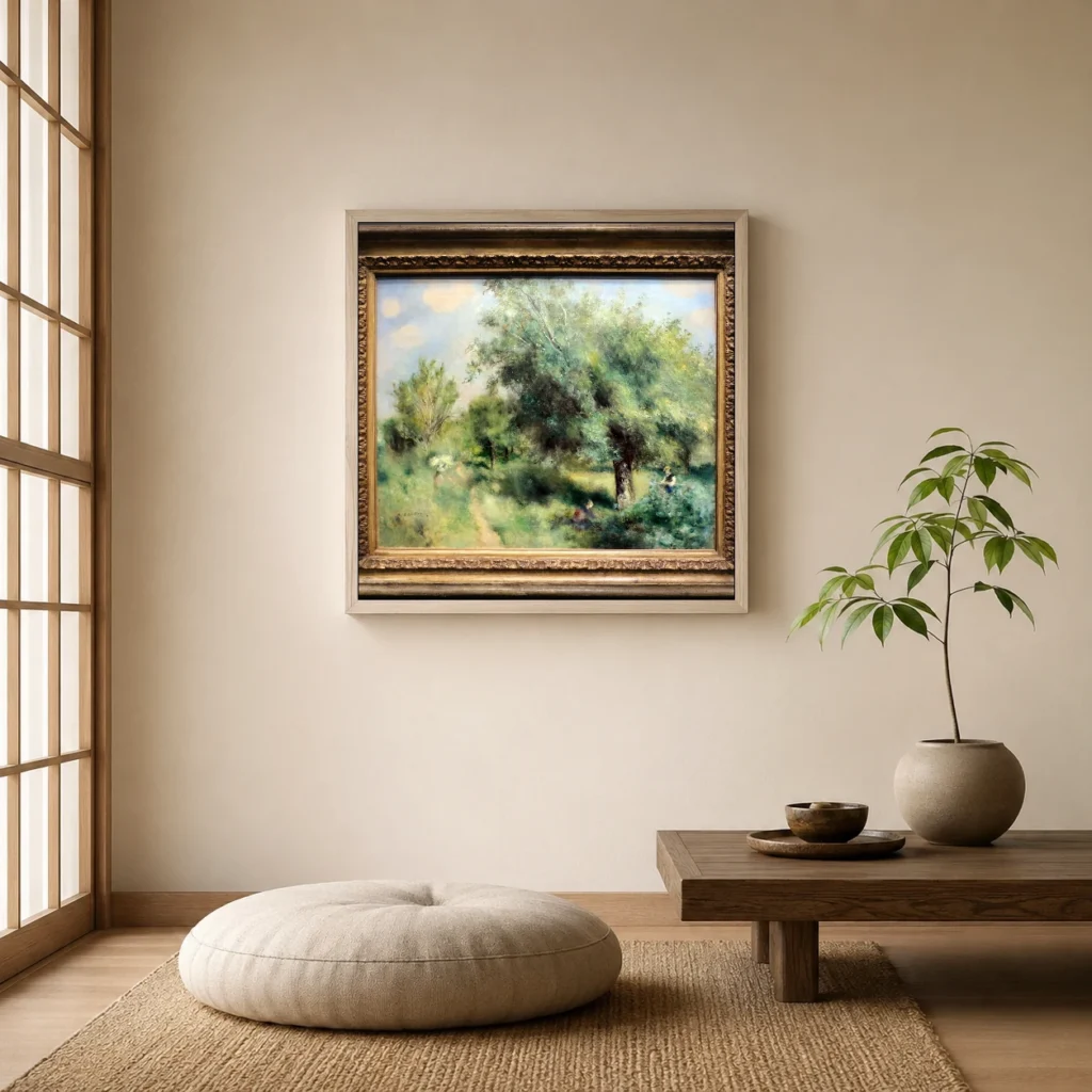 Framed print of The England pear hanging on a wall in a furnished room