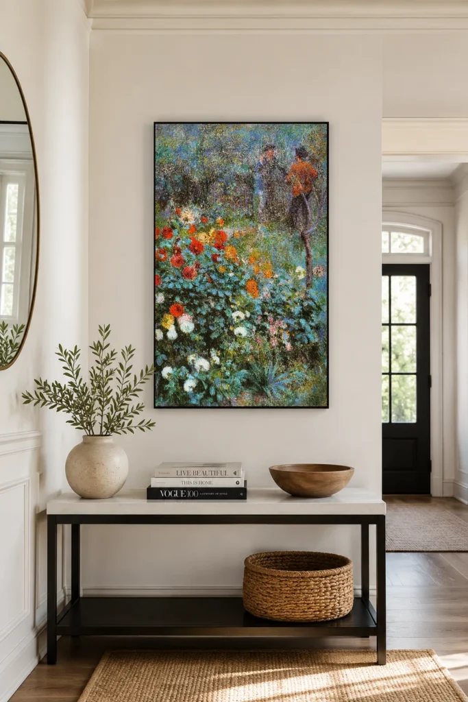 Framed print of The Garden in the Rue Cortot, Montmartre hanging on a wall in a furnished room