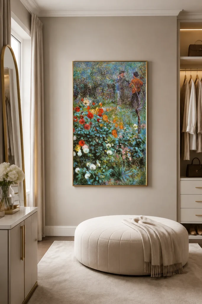 Framed print of The Garden in the Rue Cortot, Montmartre hanging on a wall in a furnished room