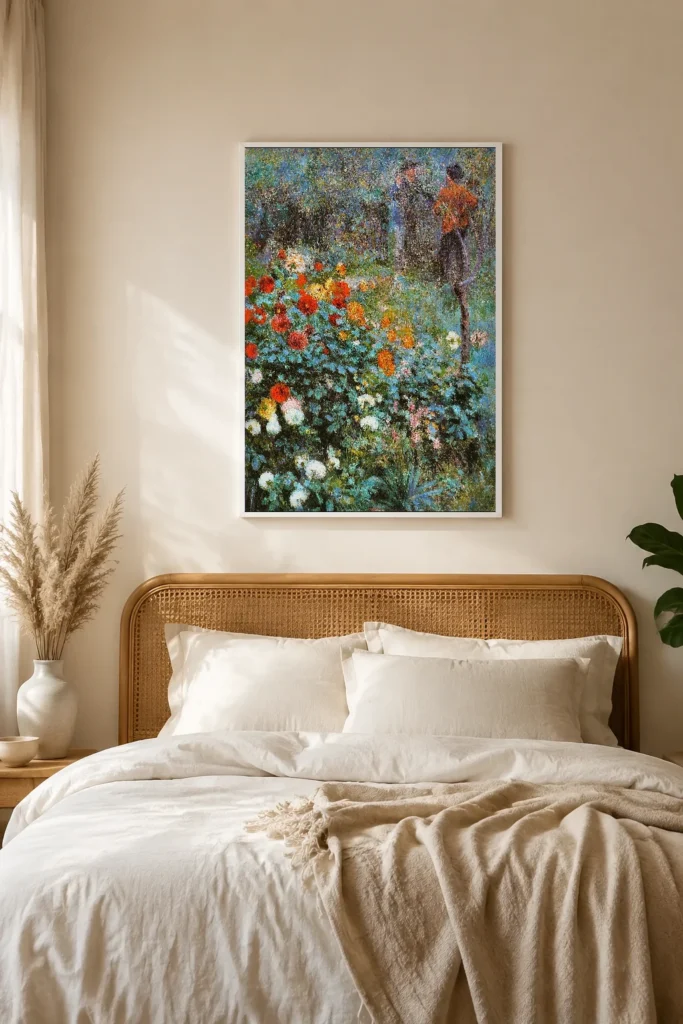 Framed print of The Garden in the Rue Cortot, Montmartre hanging on a wall in a furnished room