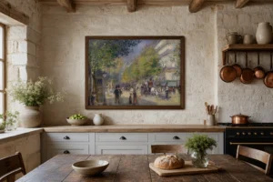 Framed print of The Grands Boulevards hanging on a wall in a furnished room