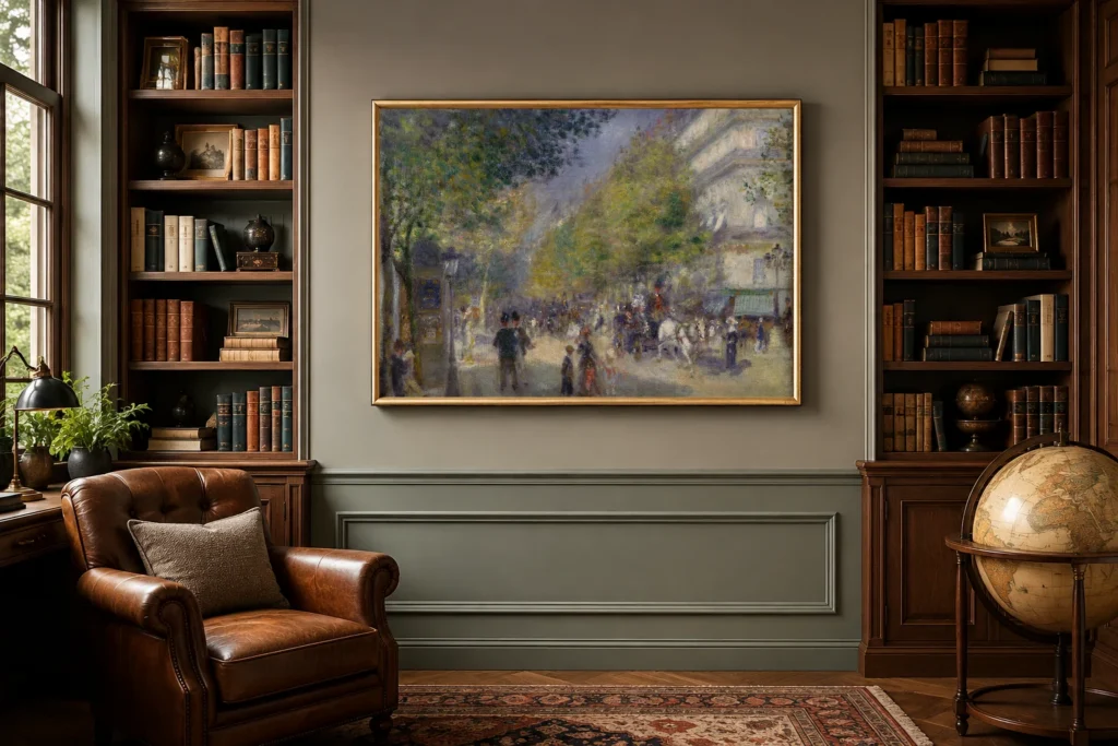Framed print of The Grands Boulevards hanging on a wall in a furnished room