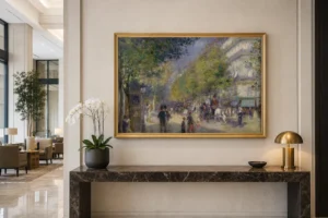 Framed print of The Grands Boulevards hanging on a wall in a furnished room