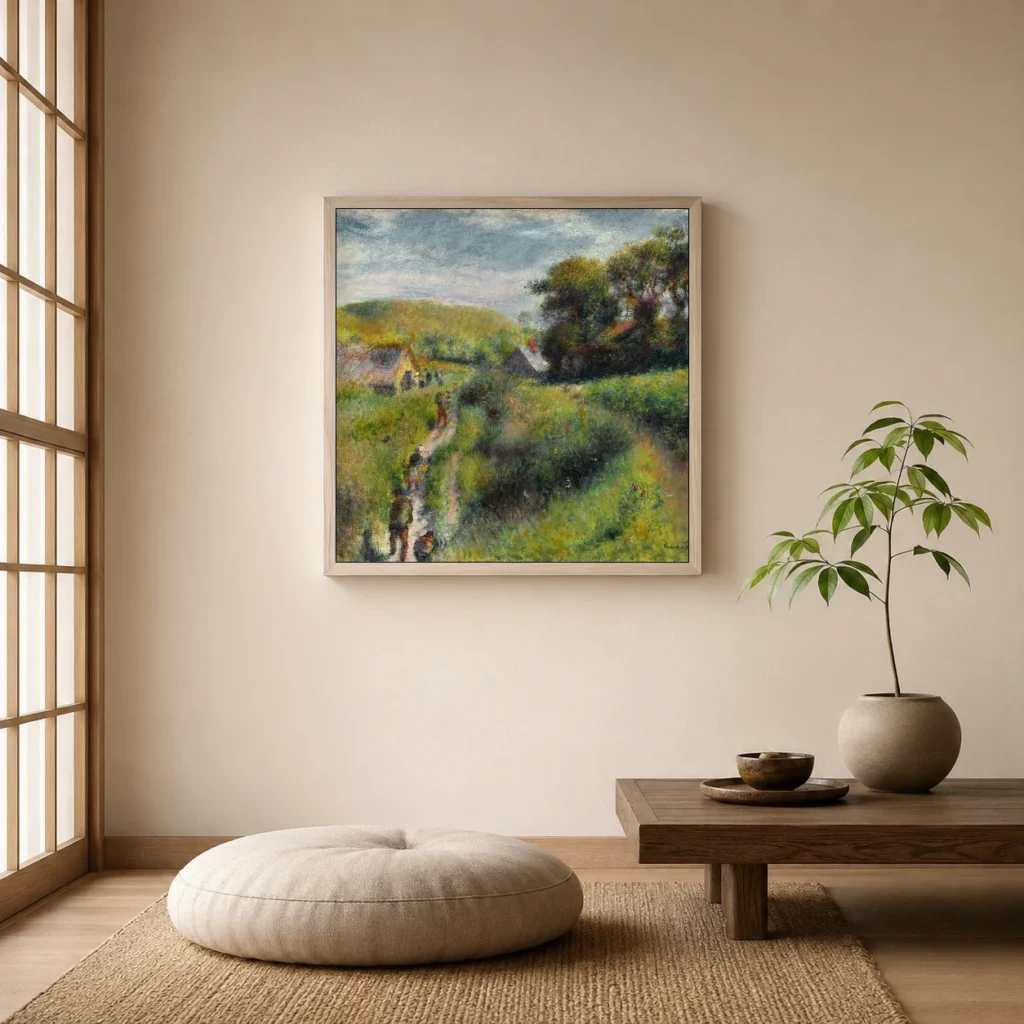 Framed print of The Grape Pickers hanging on a wall in a furnished room