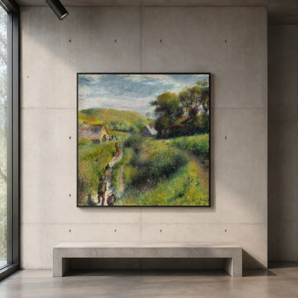 Framed print of The Grape Pickers hanging on a wall in a furnished room