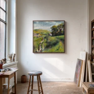 Framed print of The Grape Pickers hanging on a wall in a furnished room