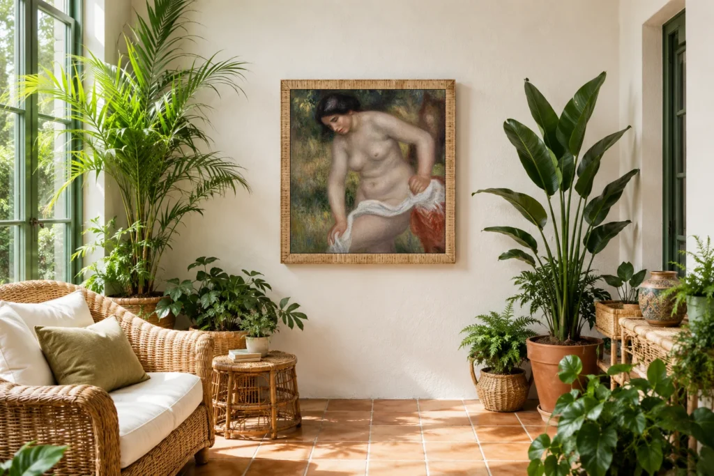 Framed print of Bather Drying Herself (Baigneuse s’essuyant) hanging on a wall in a furnished room