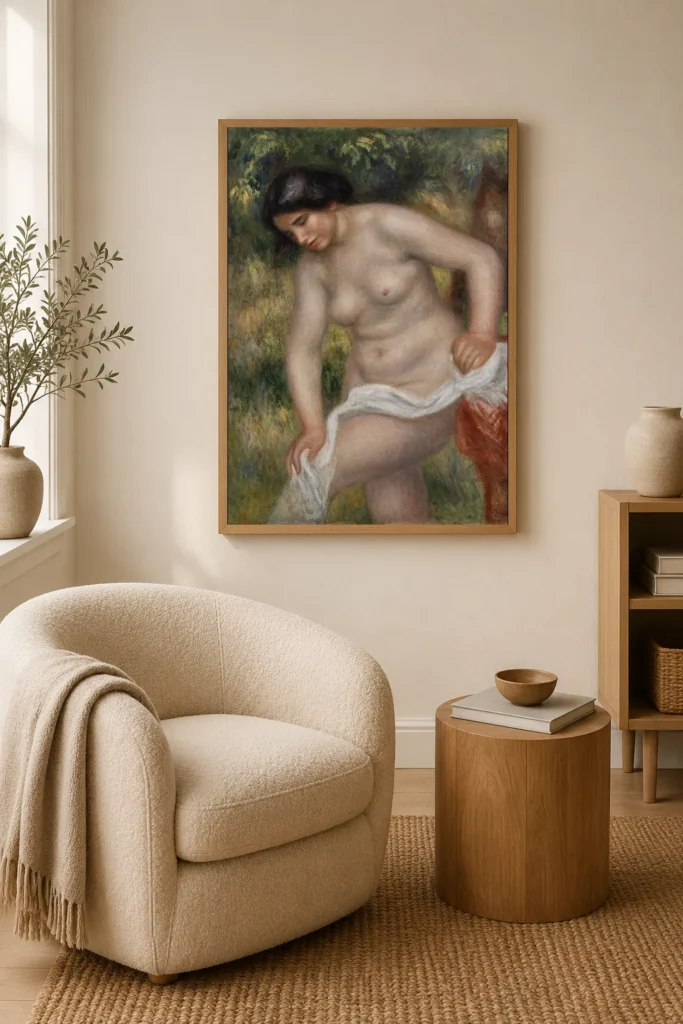 Framed print of Bather Drying Herself (Baigneuse s’essuyant) hanging on a wall in a furnished room
