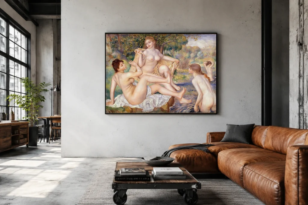 Framed print of The Great Bathers hanging on a wall in a furnished room