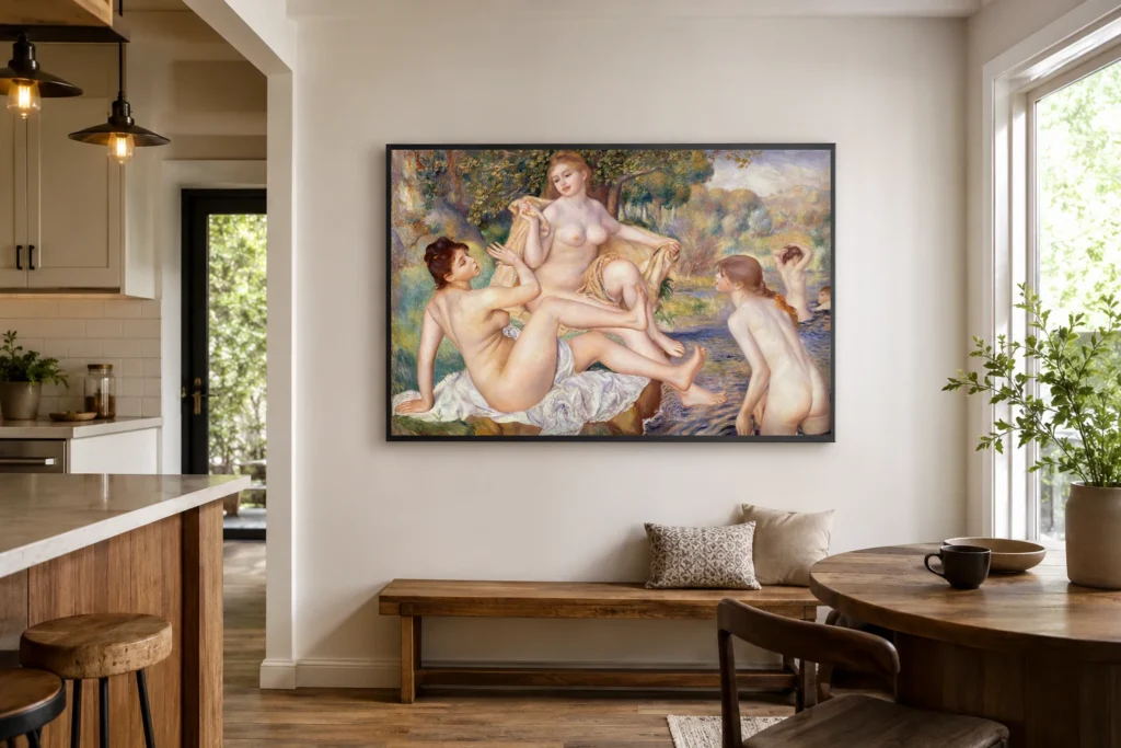 Framed print of The Great Bathers hanging on a wall in a furnished room