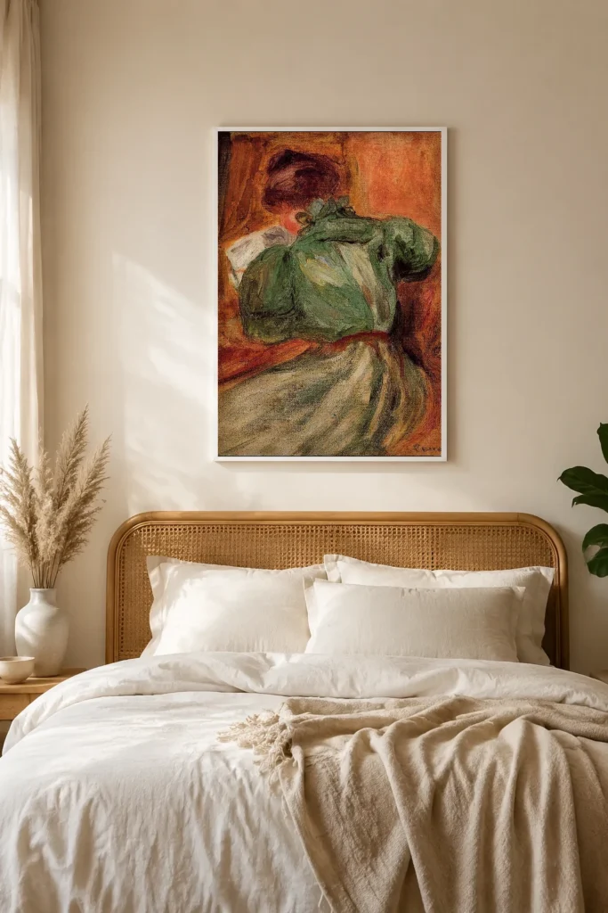 Framed print of The Green Reader hanging on a wall in a furnished room