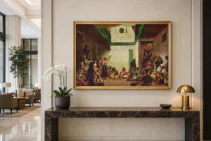 Framed print of The Jewish Wedding hanging on a wall in a furnished room