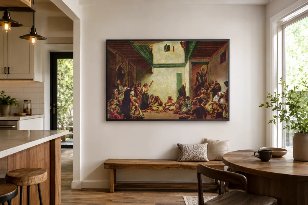 Framed print of The Jewish Wedding hanging on a wall in a furnished room
