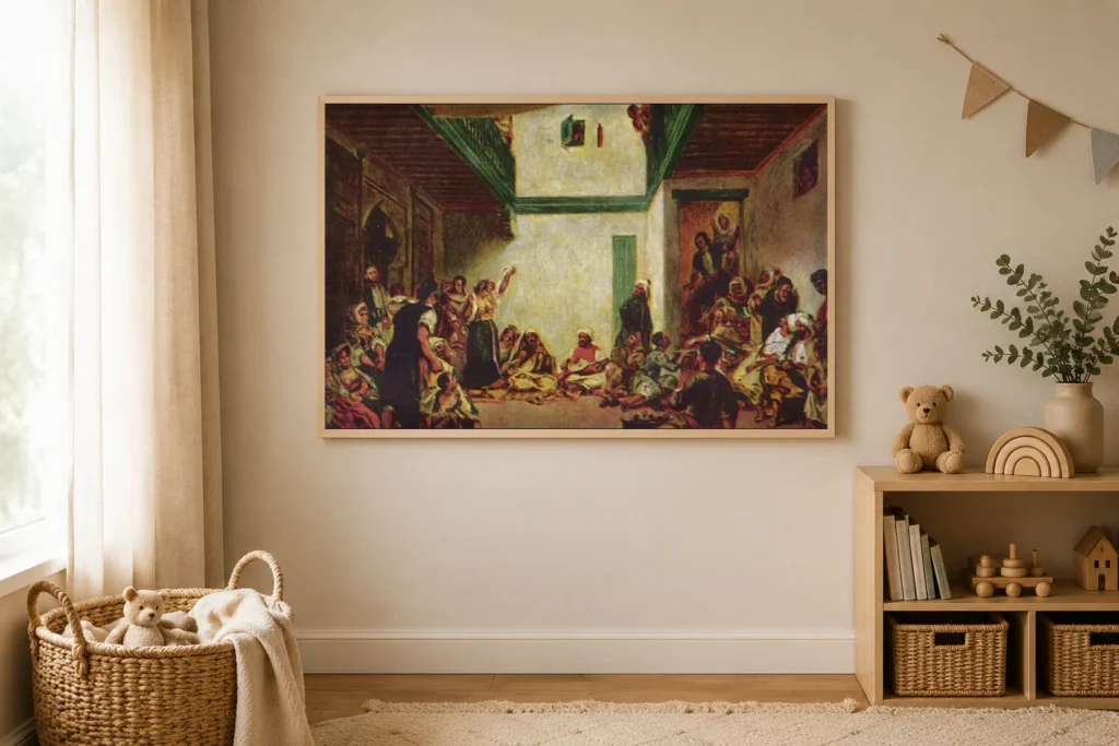 Framed print of The Jewish Wedding hanging on a wall in a furnished room