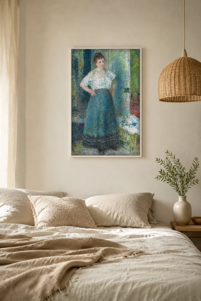 Framed print of The Laundress hanging on a wall in a furnished room